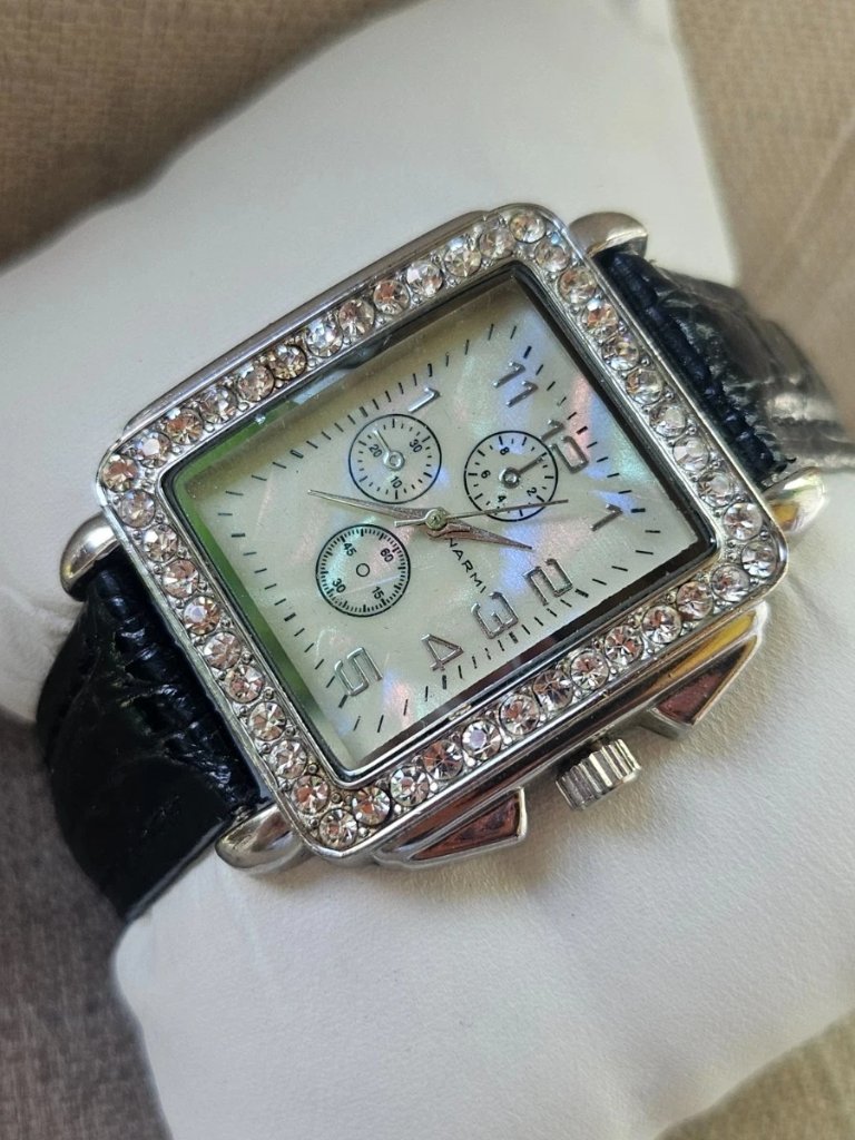 Narmi Ladies Wristwatch Black Genuine Leather Strap Crystals Accent Case Watch